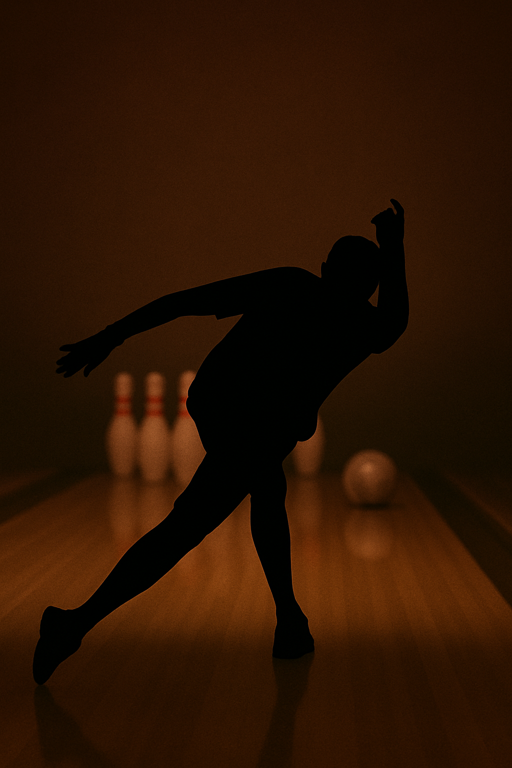 Silhouette of a bowler in action on a bowling lane with pins and ball.
