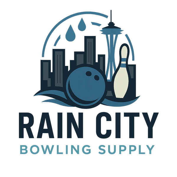 Logo of Rain City Bowling Supply with bowling ball, pin, and cityscape.